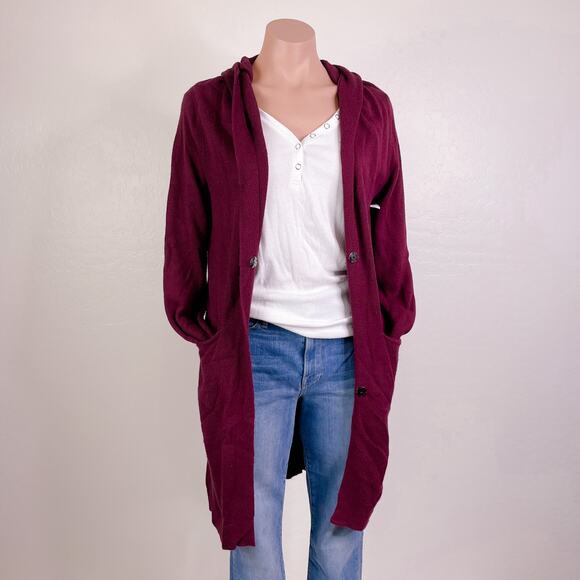 Leith Shawl Snap Button Longline Sleeve Cardigan Duster Maroon Burgundy XS NEW - Picture 1 of 10